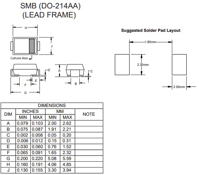 Mechanical Drawing - Micro Commercial Components (MCC) SMB15J33CAHE3 TVS Diode